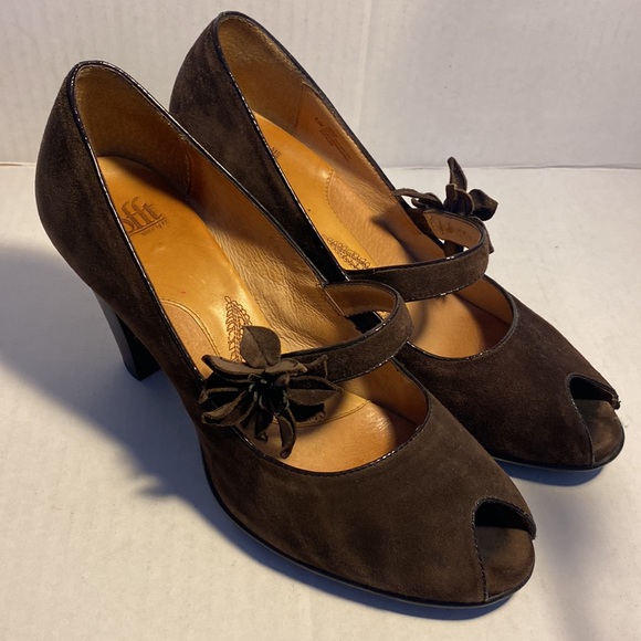 Söfft Geva Brown Suede and Leather Peep Toe High Heels 9.5 - Picture 7 of 13